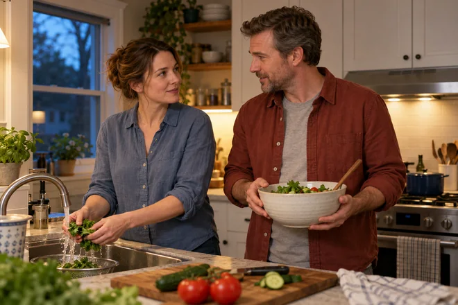 Two adults talking while preparing dinner together
