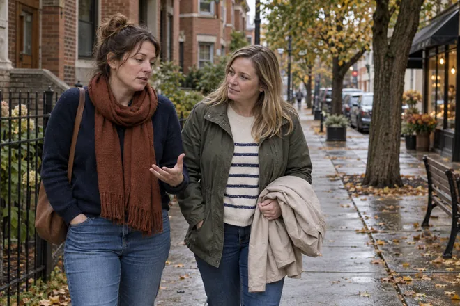Two women walking and talking on an Illinois neighborhood street