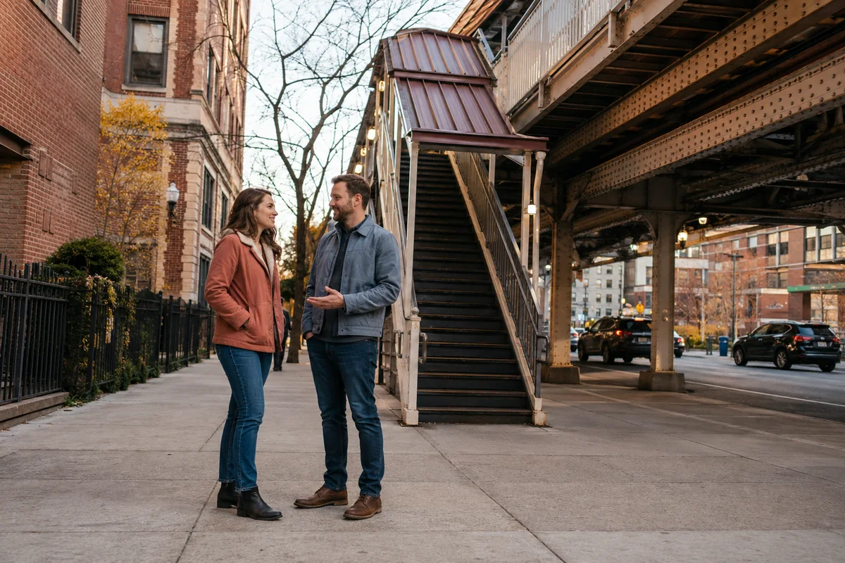 A couple sharing an easy conversation near a Chicago train line