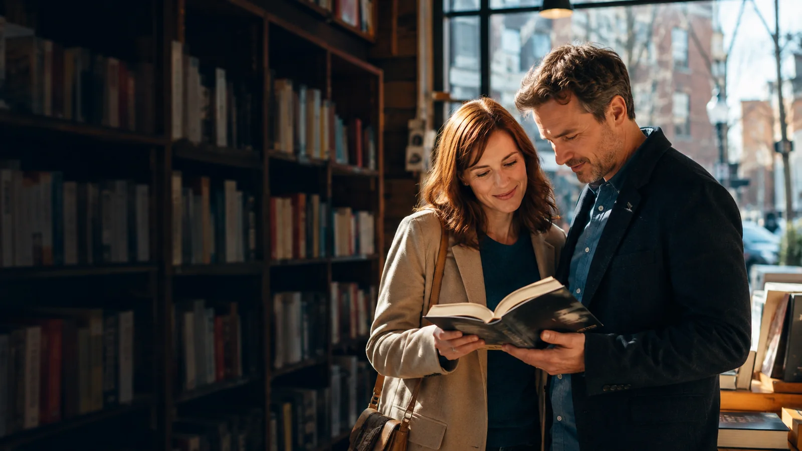 A couple browsing a book together in a warm Illinois neighborhood bookstore
