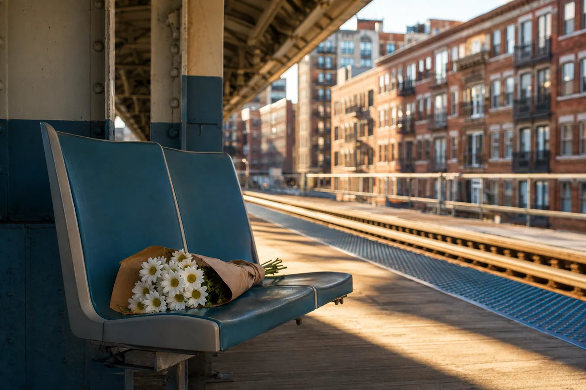 A small bouquet waiting on a Chicago elevated-train platform seat