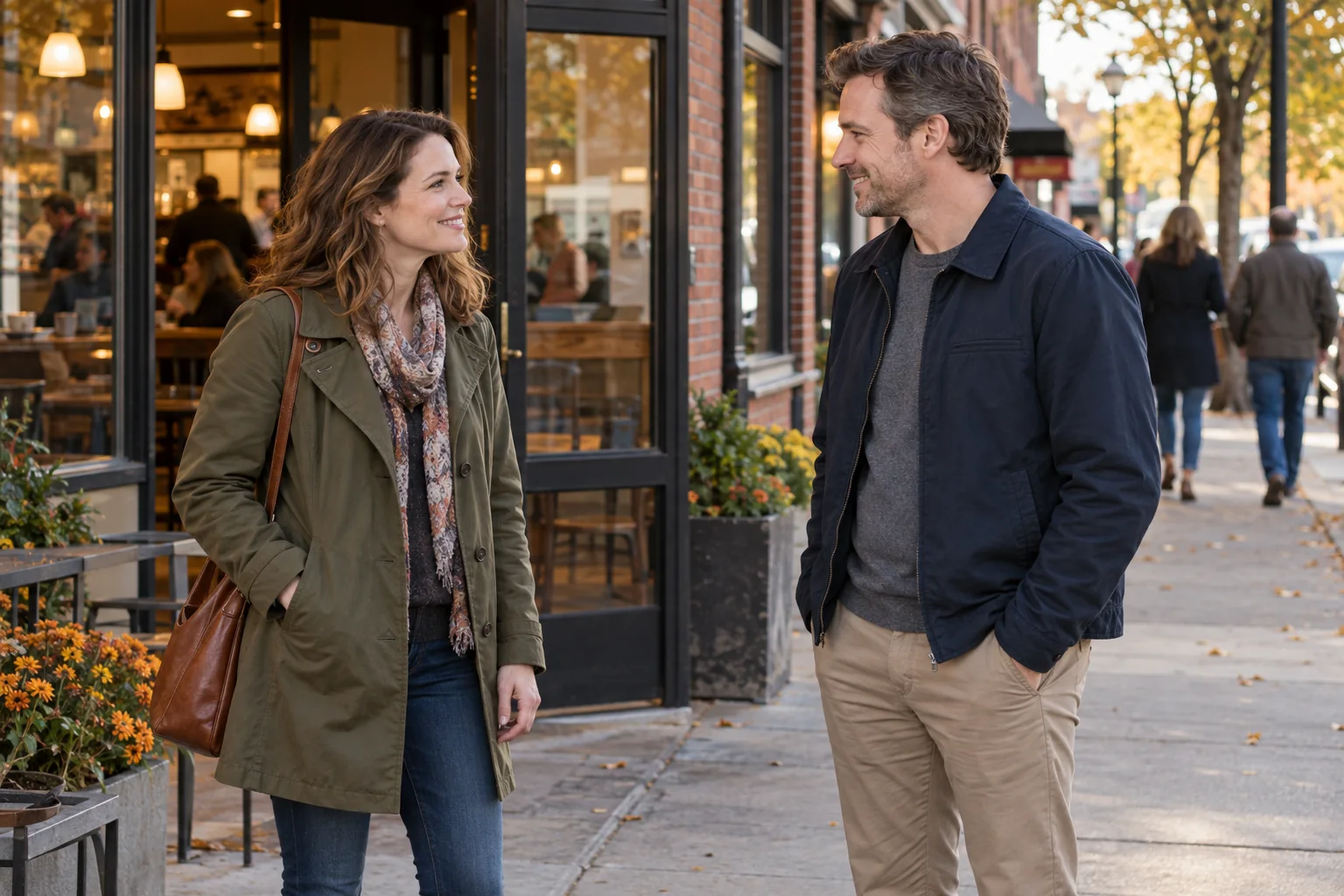 Two adults greeting each other outside a public neighborhood coffee shop