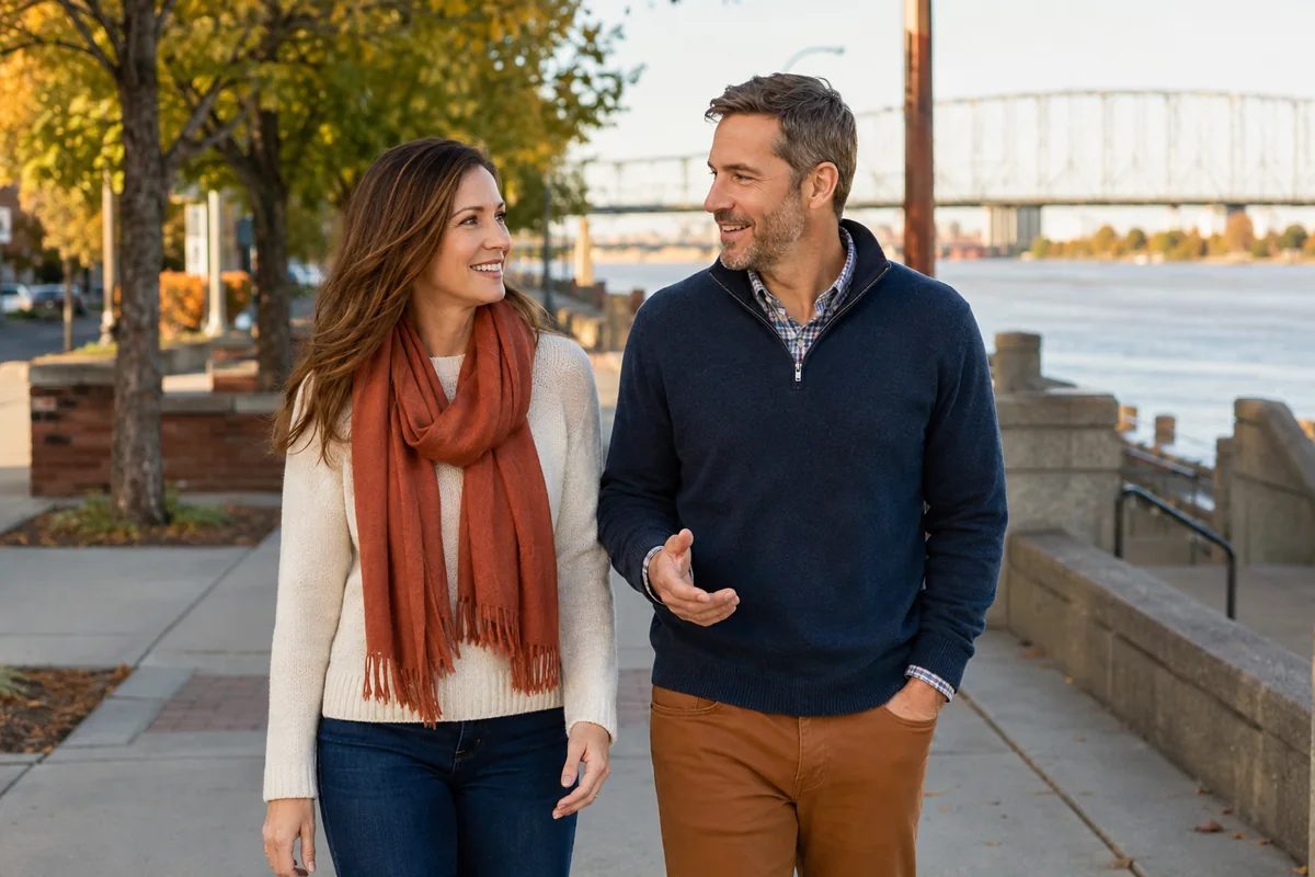 Two adults walking and talking along the Peoria riverfront