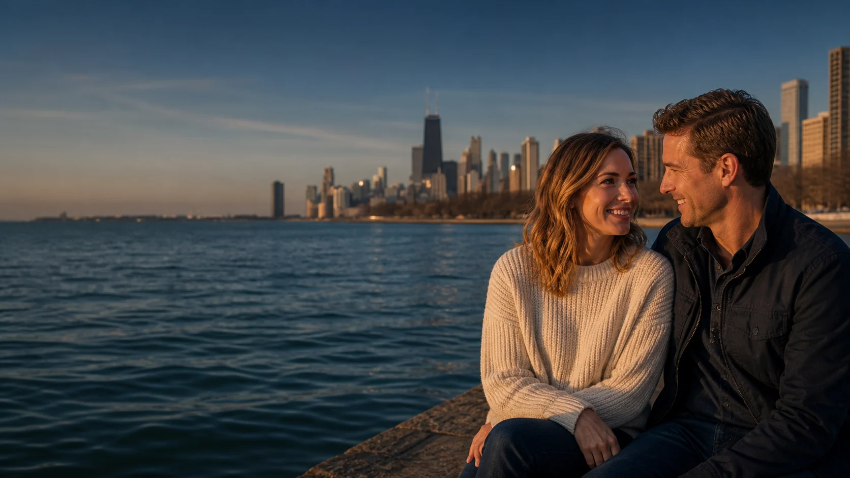A couple sharing a quiet moment beside Lake Michigan with the Chicago skyline behind them