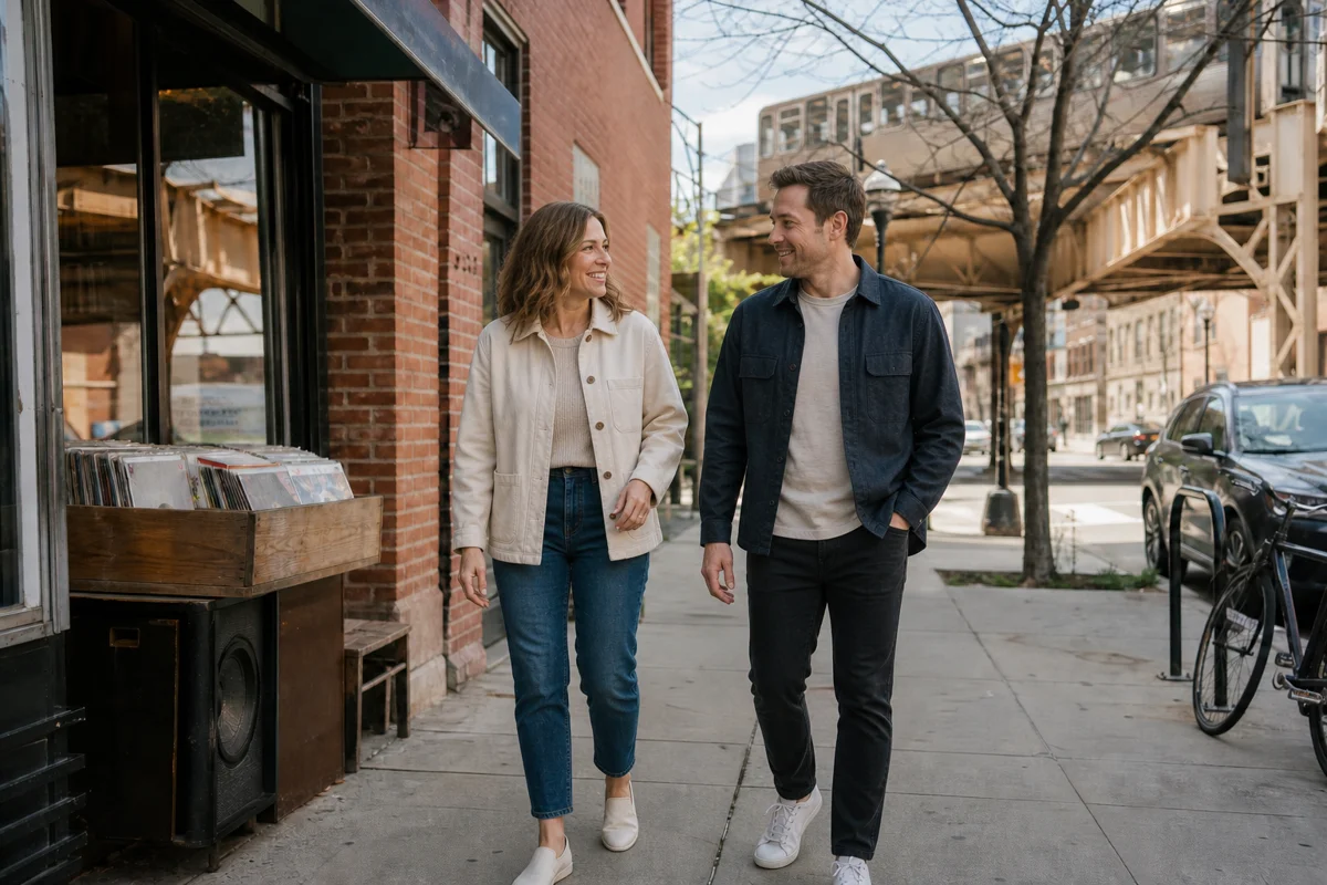 Two adults enjoying a relaxed conversation on a neighborhood walk