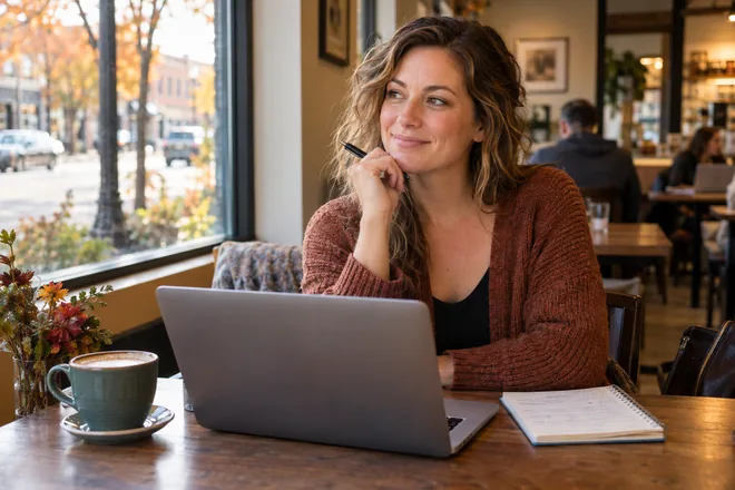 A woman writing her dating profile in an Illinois neighborhood coffee shop