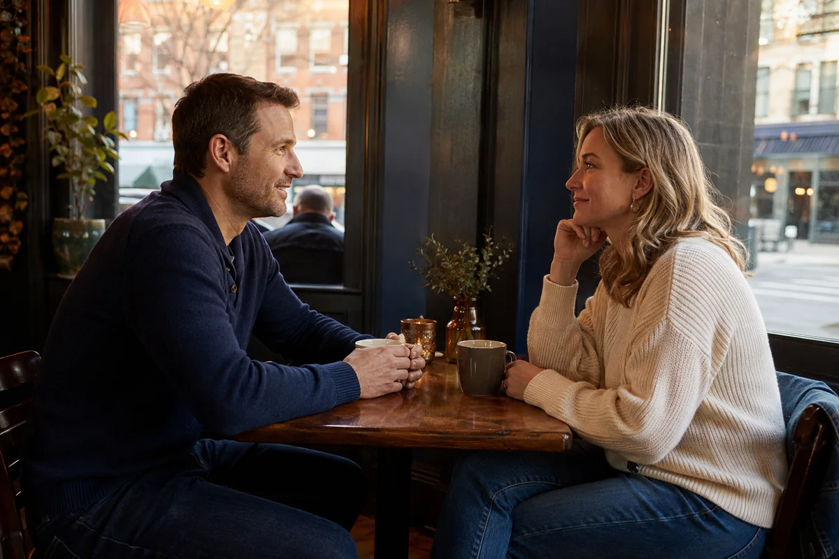 Two adults having a calm conversation in a Chicago neighborhood cafe